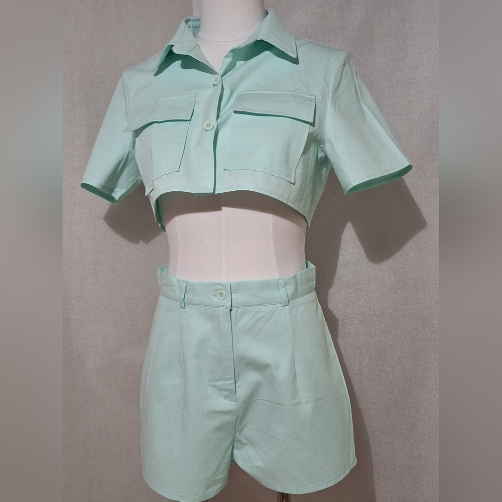 SHEIN S , solid button front blouse and short NWT - image 2